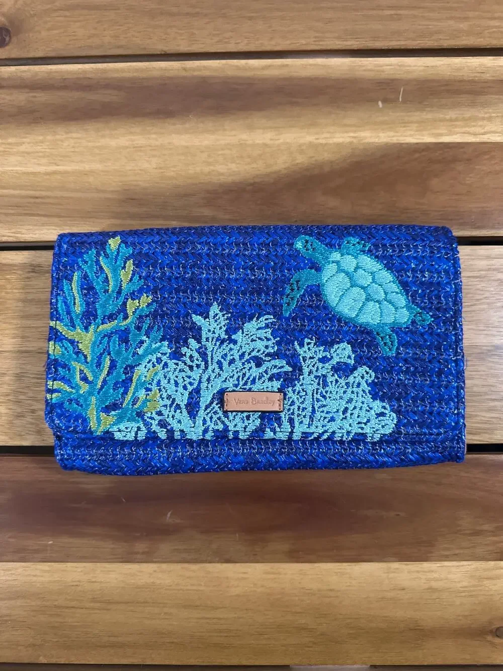 Vera Bradley Blue Raffia Sea Turtle Wallet Wristlet Clutch